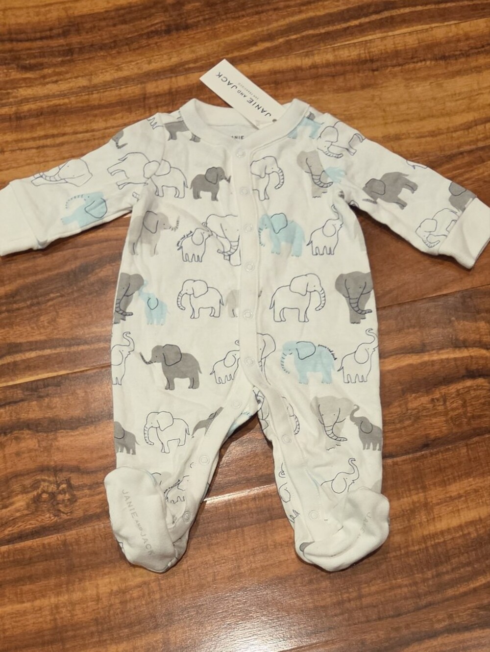 Janie and Jack NWT Newborn Gray and Blue Elephant Print Footie Romper